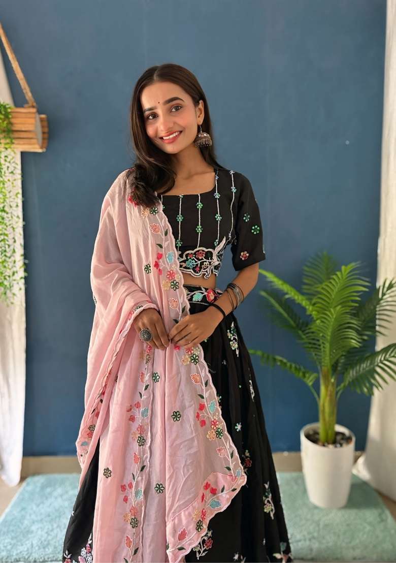 Black Sequin Work Silk Lehenga Set - Indya