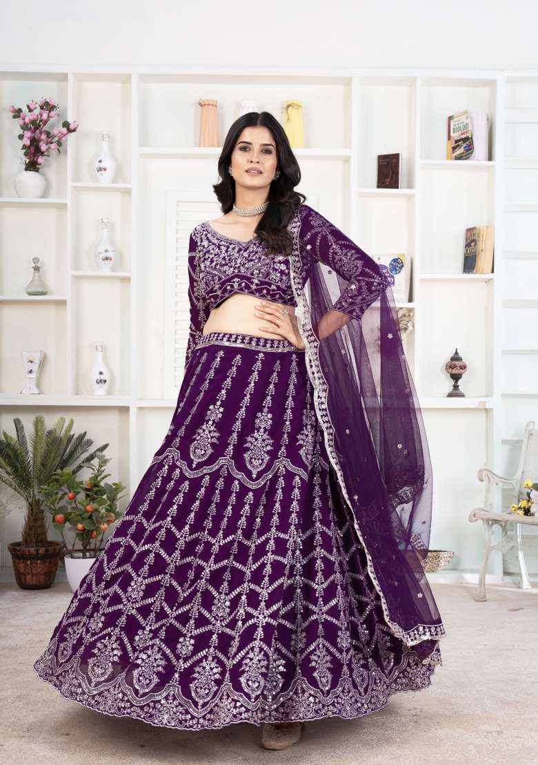 Purple Embroidered Georgette Lehenga Set - Indya