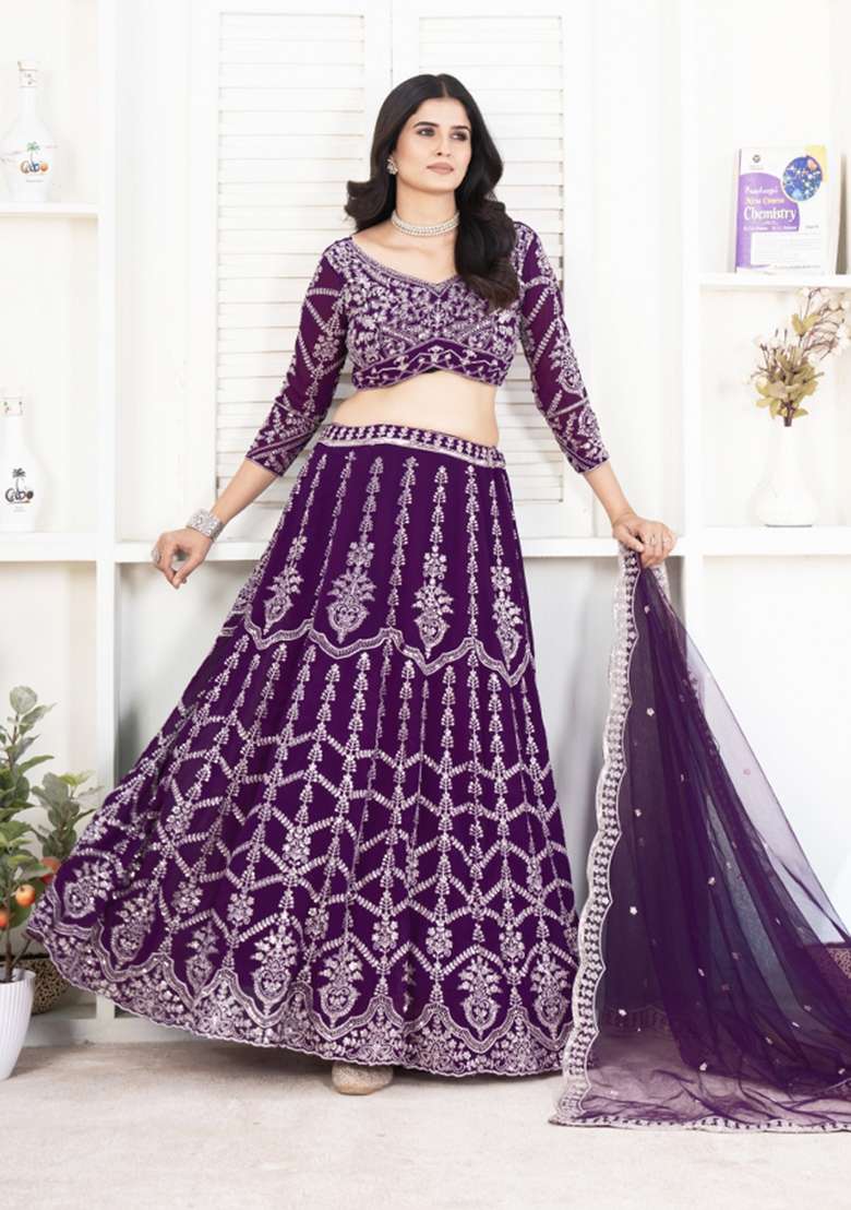 Purple Embroidered Georgette Lehenga Set - Indya