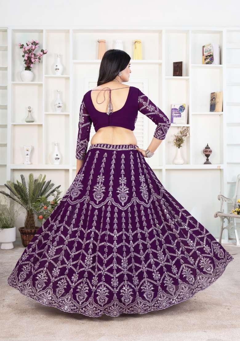 Purple Embroidered Georgette Lehenga Set - Indya