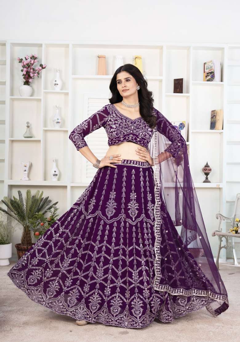 Purple Embroidered Georgette Lehenga Set - Indya