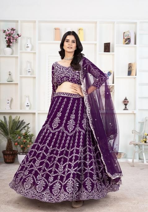 Purple Embroidered Georgette Lehenga Set