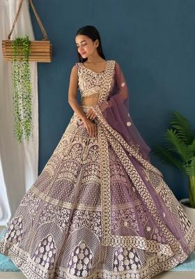 Purple Embroidered Net Lehenga Set