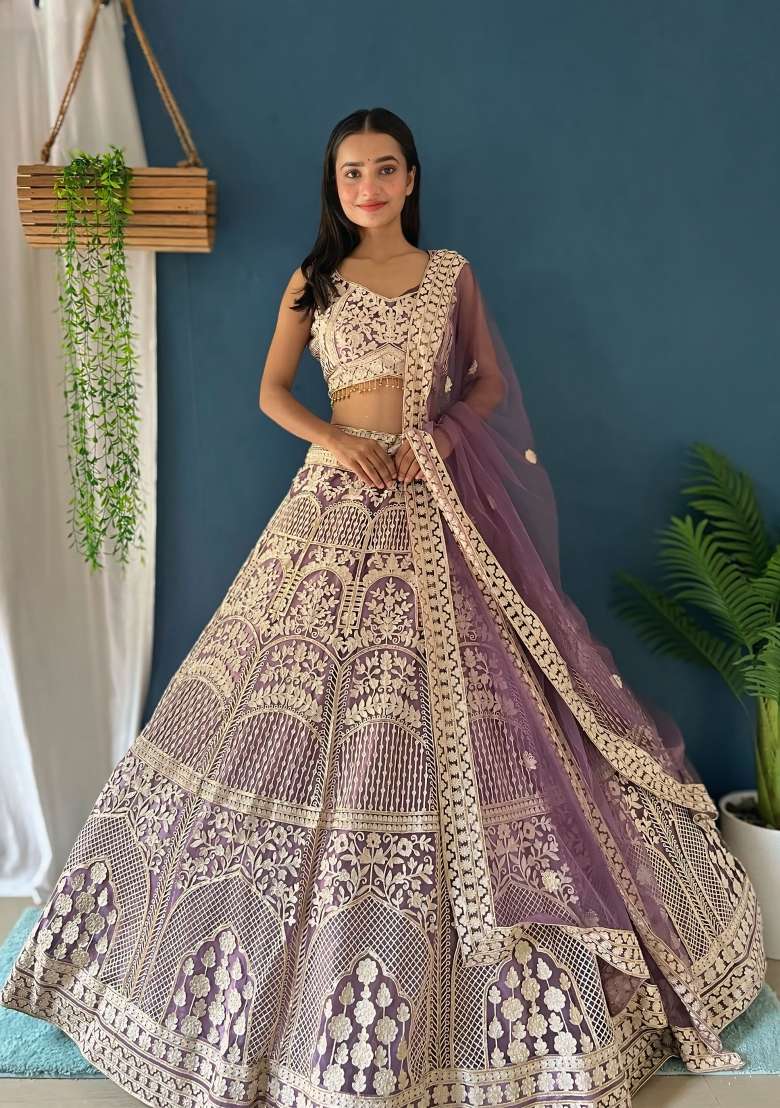 Purple Net Lehenga Set with Embroidered for Diwali | Wedding & Festive Wear - Indya