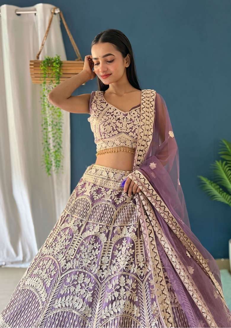 Purple Net Lehenga Set with Embroidered for Diwali | Wedding & Festive Wear - Indya