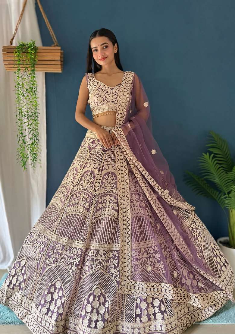 Purple Net Lehenga Set with Embroidered for Diwali | Wedding & Festive Wear - Indya