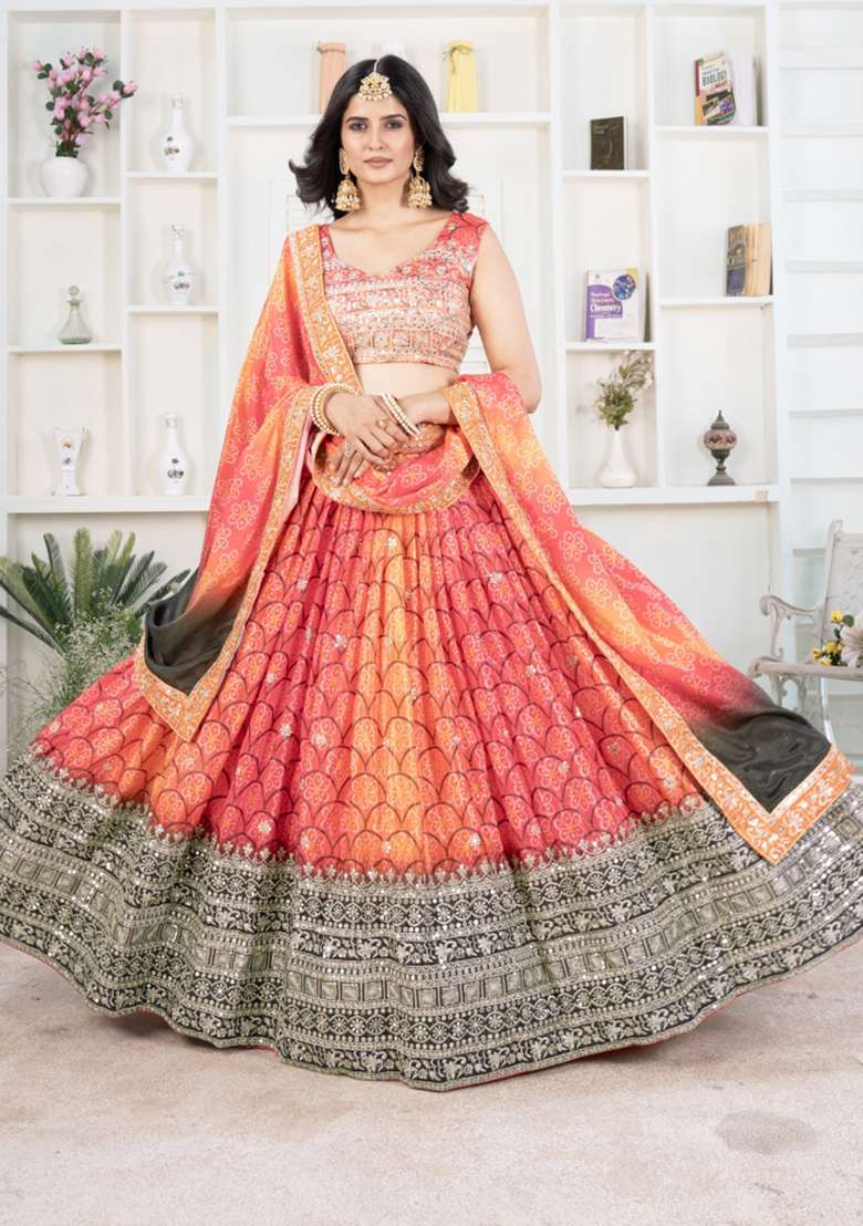 Red Embroidered Silk Lehenga Set for Diwali and Festive Wear - Indya