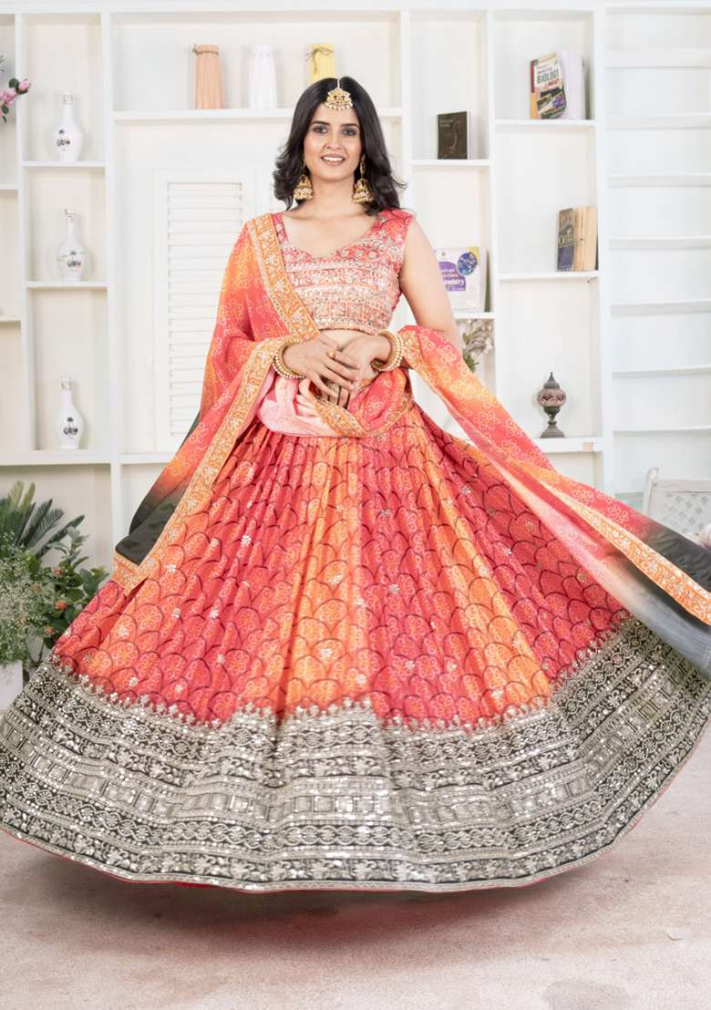 Red Embroidered Silk Lehenga Set for Diwali and Festive Wear - Indya