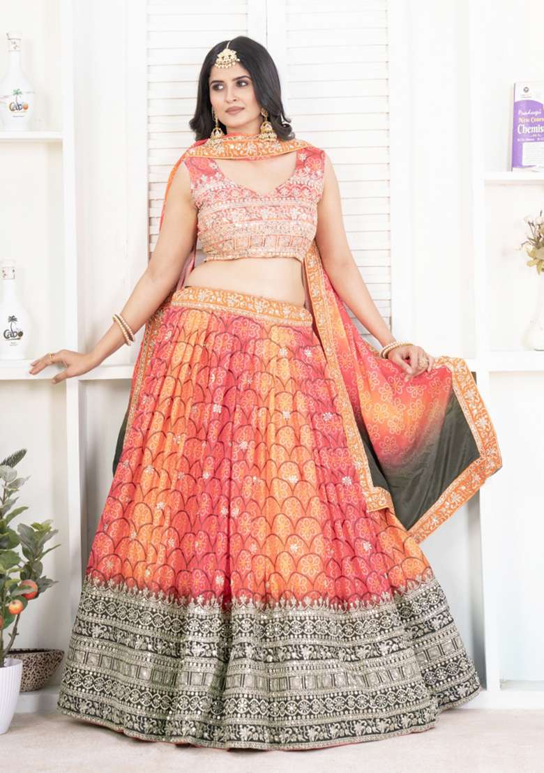Red Embroidered Silk Lehenga Set for Diwali and Festive Wear - Indya