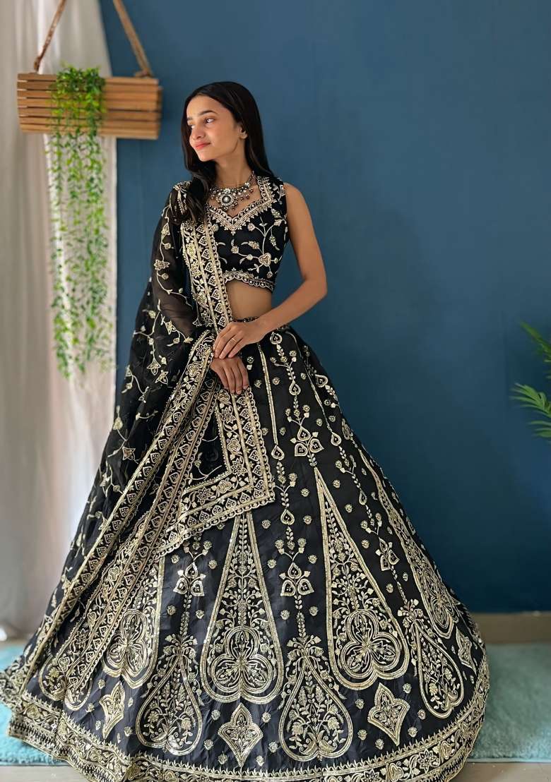 Black Silk Lehenga Set with Embroidered for Diwali | Wedding & Festive Wear - Indya