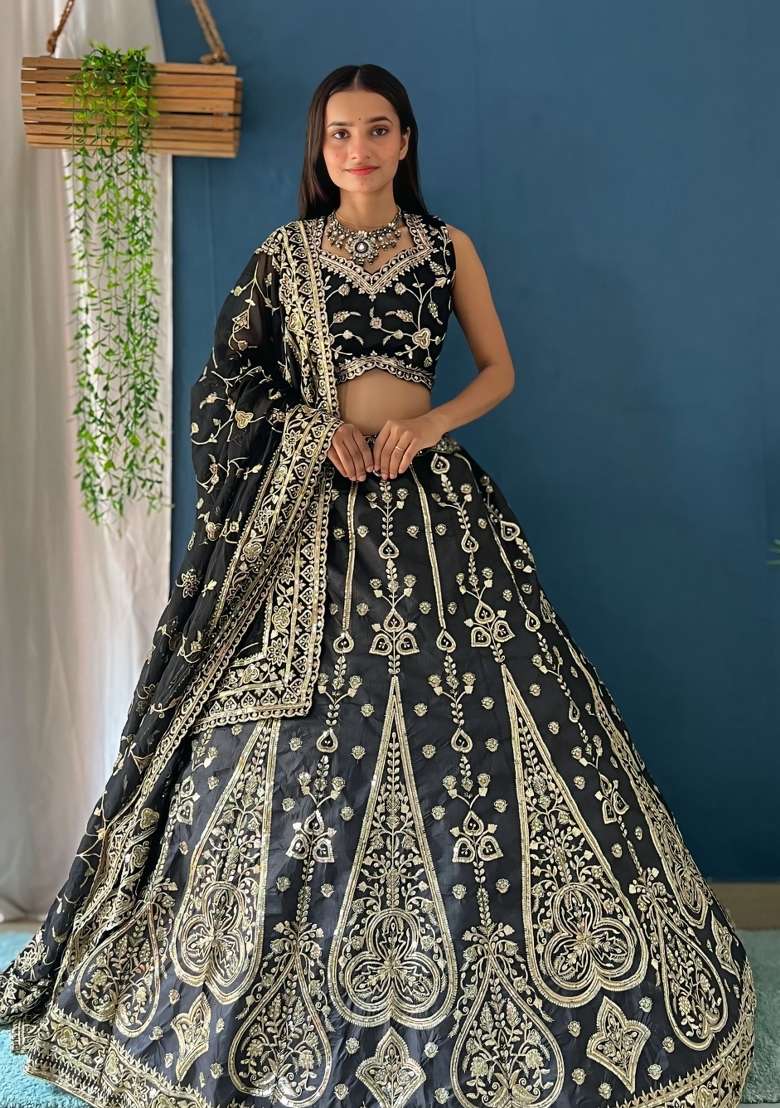 Black Silk Lehenga Set with Embroidered for Diwali | Wedding & Festive Wear - Indya