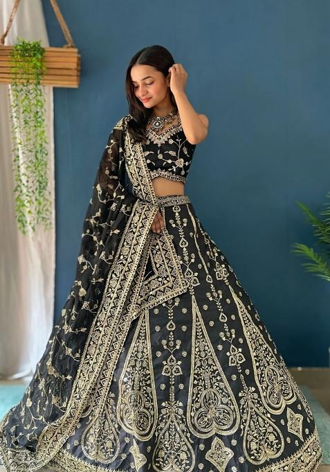 Black Embroidered Silk Lehenga Set