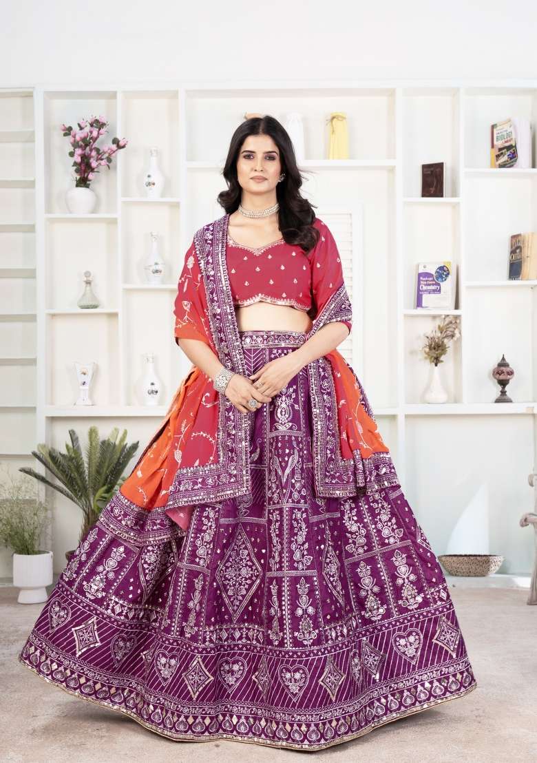 Wine Embroidered Silk Lehenga Set - Indya