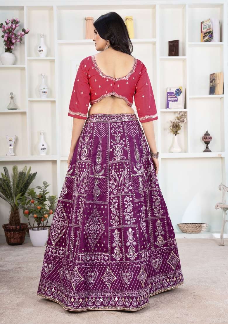 Wine Embroidered Silk Lehenga Set - Indya