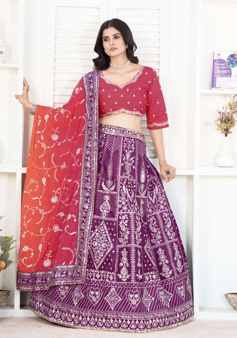 Wine Embroidered Silk Lehenga Set - Indya