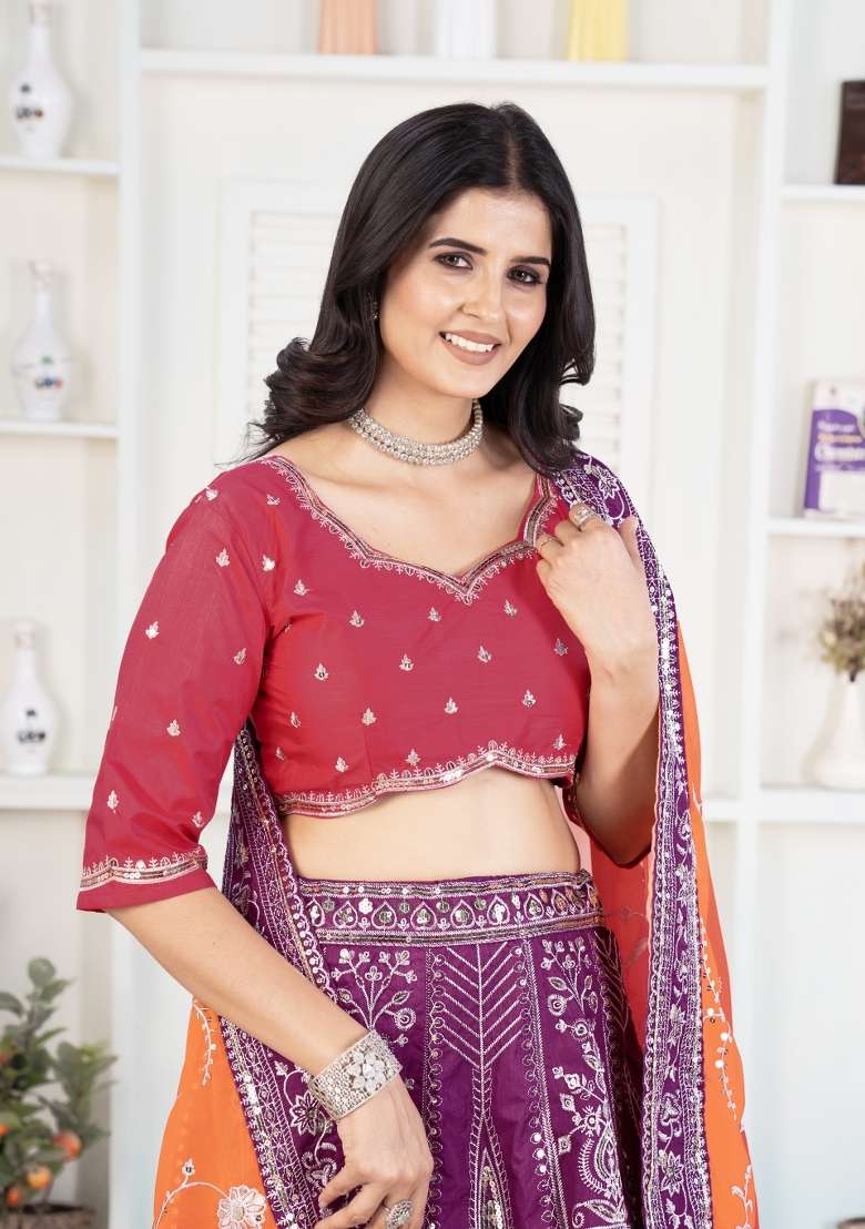 Wine Embroidered Silk Lehenga Set - Indya