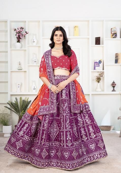 Wine Embroidered Silk Lehenga Set