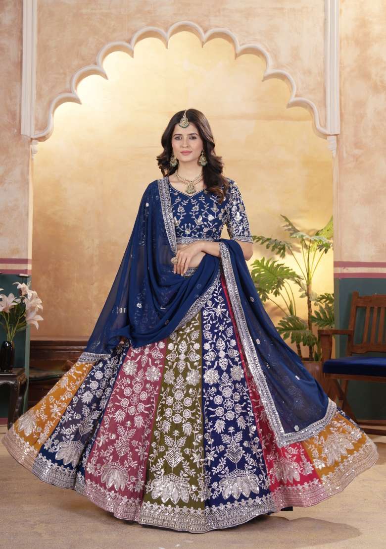 Multicolor Georgette Lehenga Set with Embroidered for Diwali | Wedding & Festive Wear - Indya
