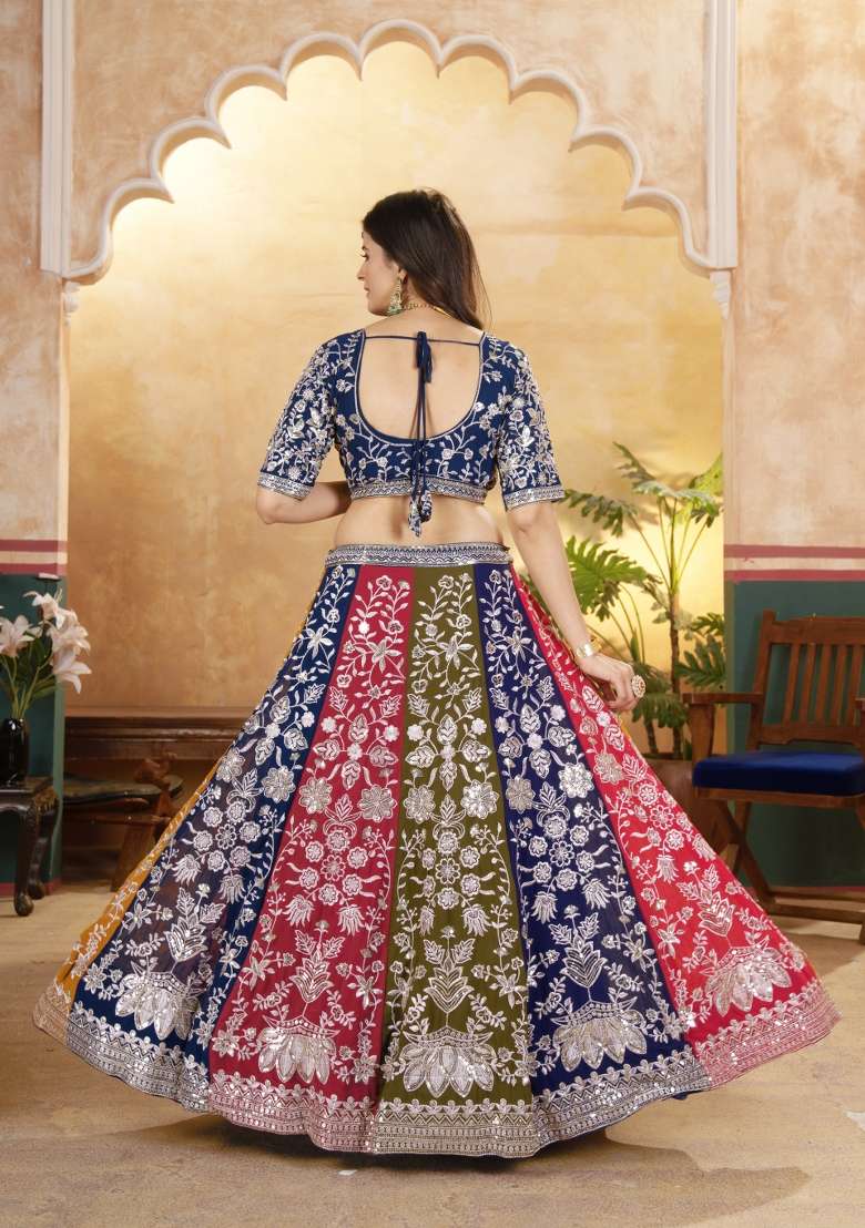 Multicolor Georgette Lehenga Set with Embroidered for Diwali | Wedding & Festive Wear - Indya