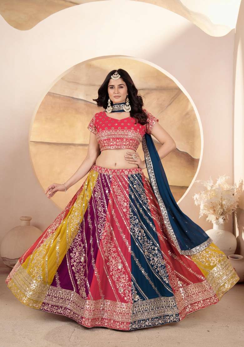 Multicolor Georgette Lehenga Set with Embroidered for Diwali | Wedding & Festive Wear - Indya