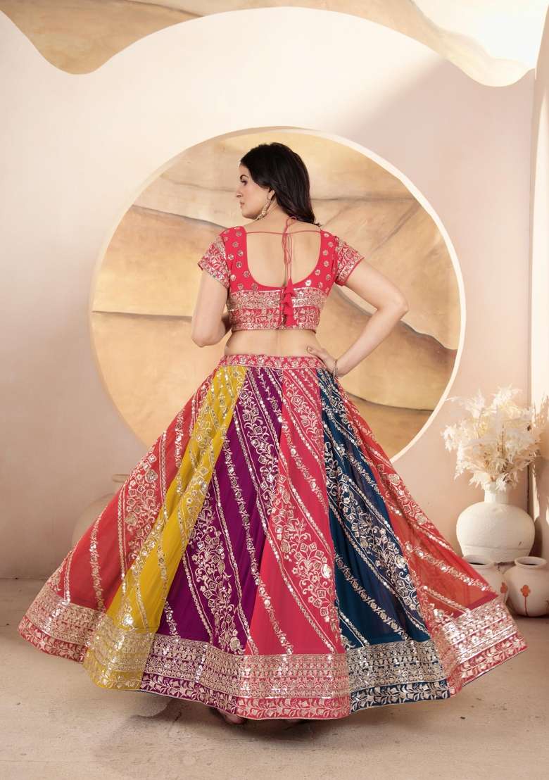 Multicolor Georgette Lehenga Set with Embroidered for Diwali | Wedding & Festive Wear - Indya