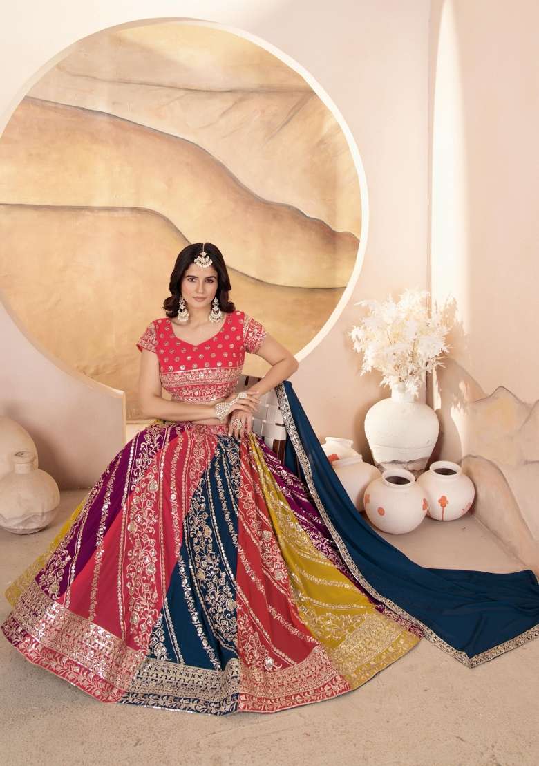 Multicolor Georgette Lehenga Set with Embroidered for Diwali | Wedding & Festive Wear - Indya