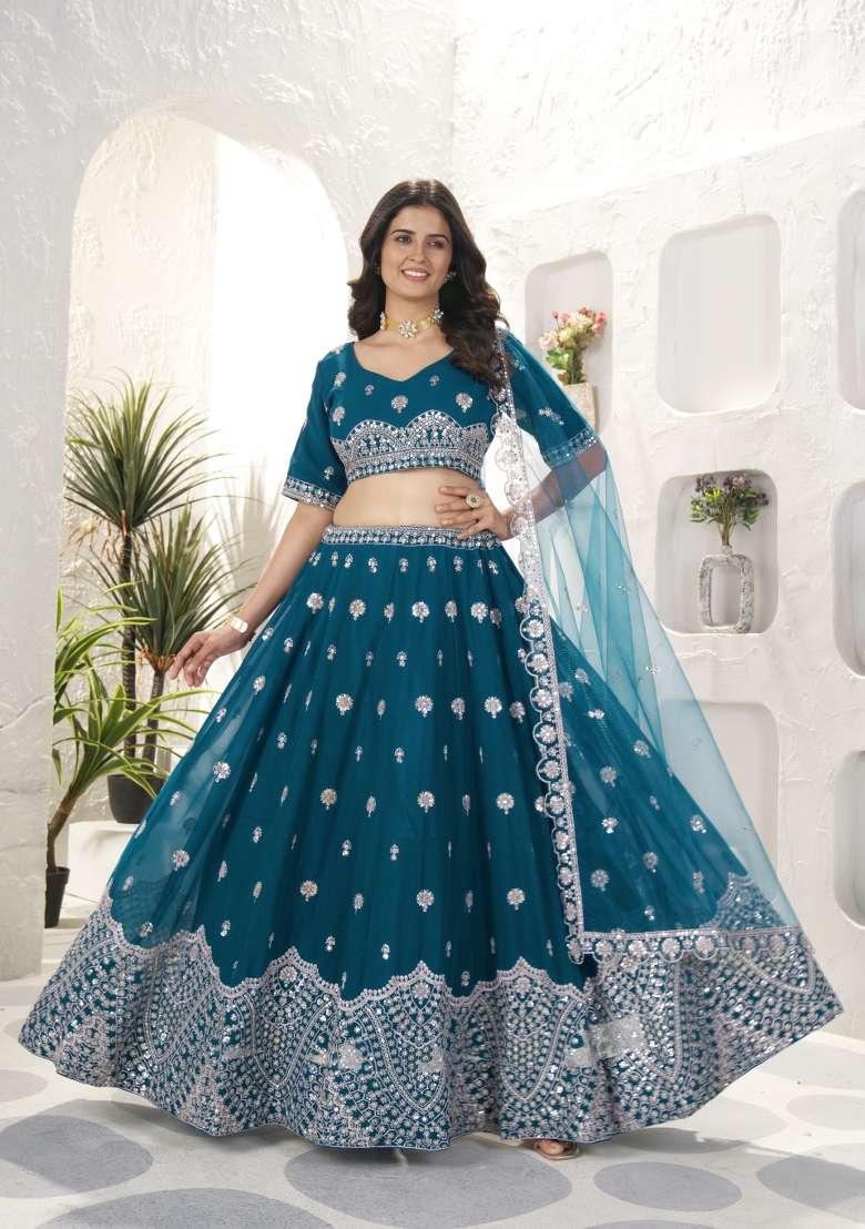 Morpeach Embroidered Georgette Lehenga Set for Diwali and Festive Wear - Indya