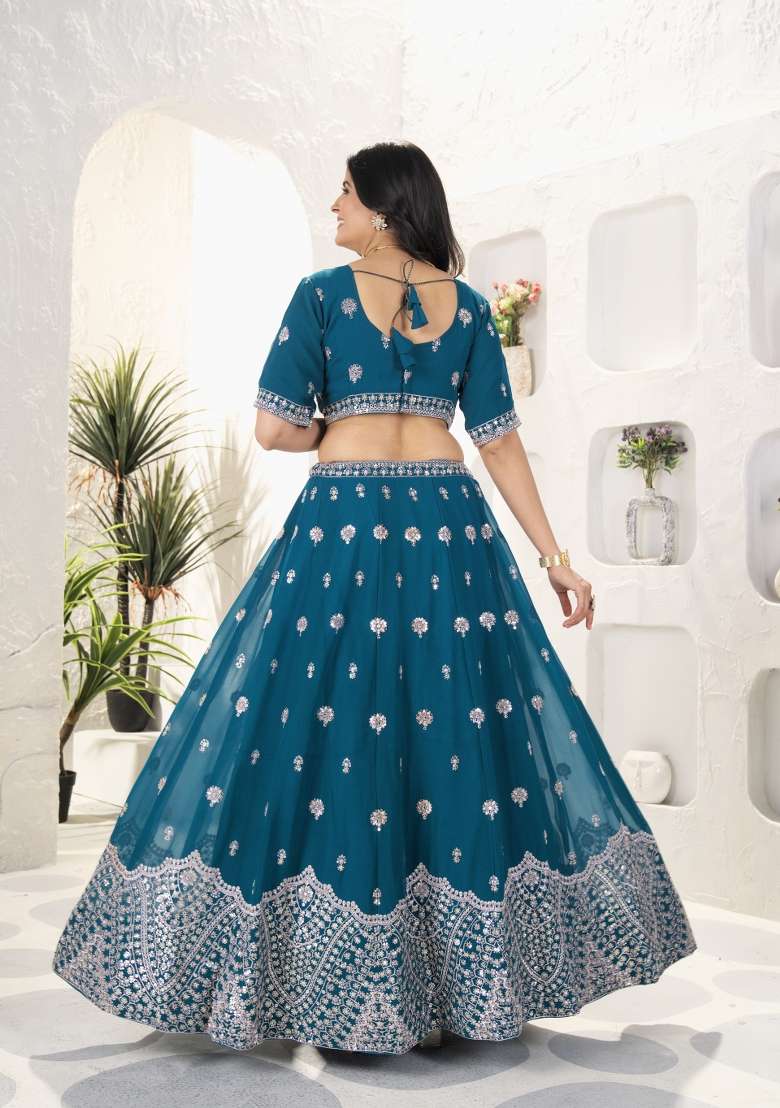 Morpeach Embroidered Georgette Lehenga Set for Diwali and Festive Wear - Indya