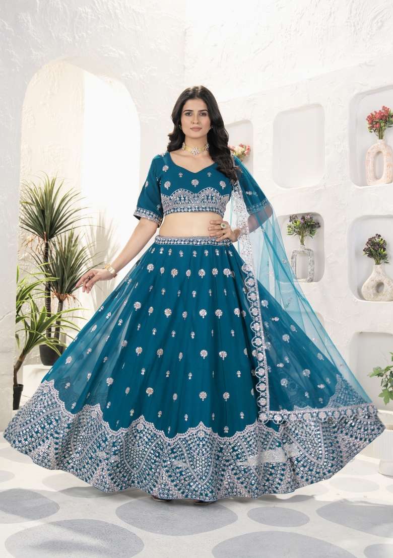 Morpeach Embroidered Georgette Lehenga Set for Diwali and Festive Wear - Indya