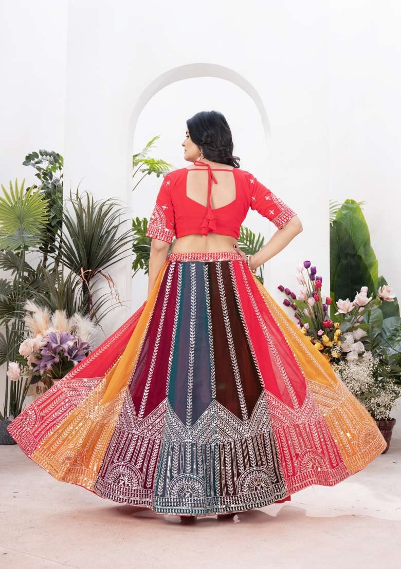 Multicolor Embroidered Georgette Lehenga Set for Diwali and Festive Wear - Indya