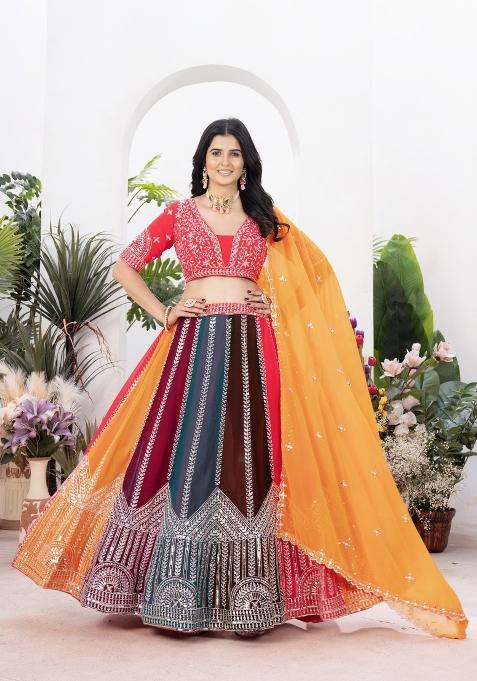 Multicolor Embroidered Georgette Lehenga Set