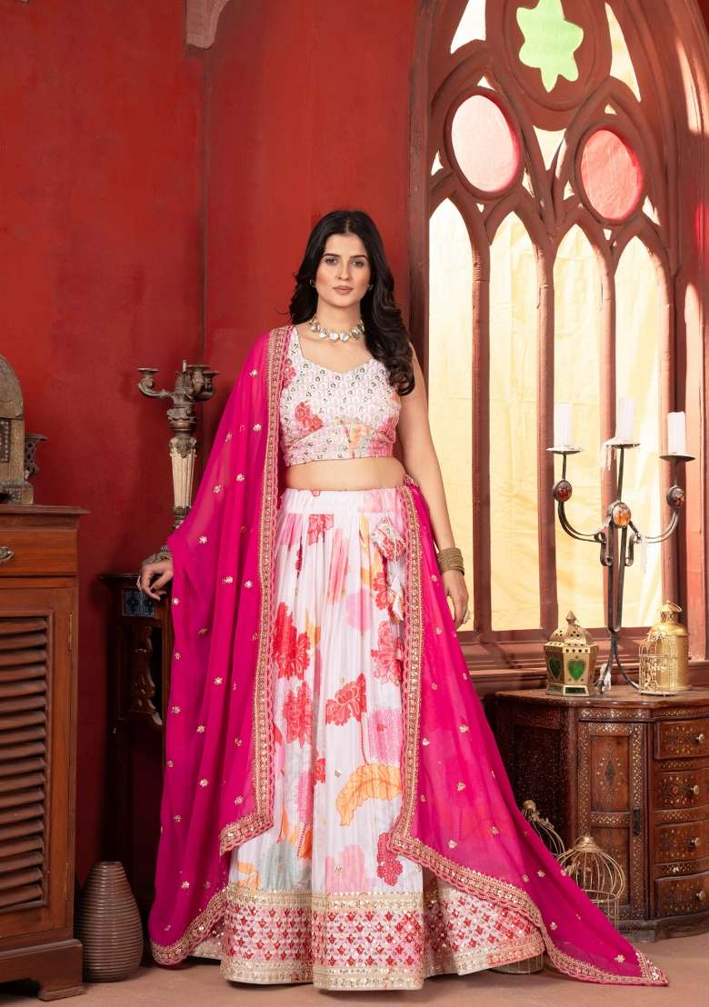 White Embroidered Chinon Lehenga Set for Diwali and Festive Wear - Indya
