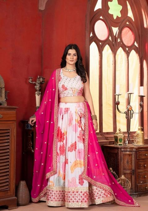 White Embroidered Chinon Lehenga Set