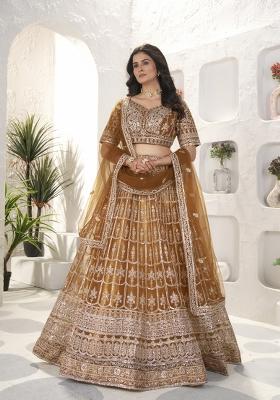 Light Coffee Embroidered Net Lehenga Set