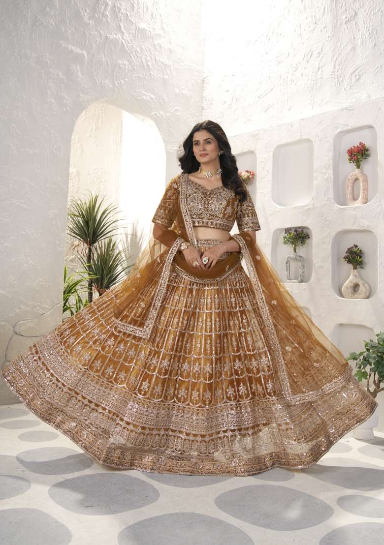 Light Coffee Net Lehenga Set with Embroidered for Diwali | Wedding & Festive Wear - Indya