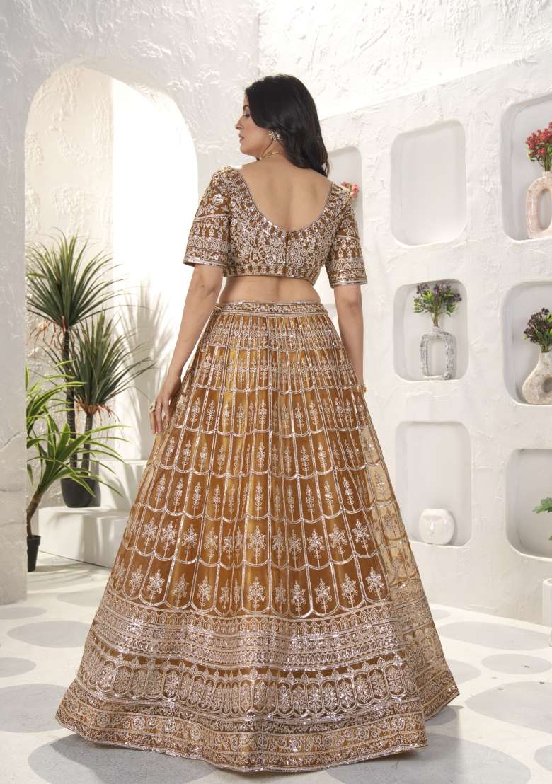 Light Coffee Net Lehenga Set with Embroidered for Diwali | Wedding & Festive Wear - Indya