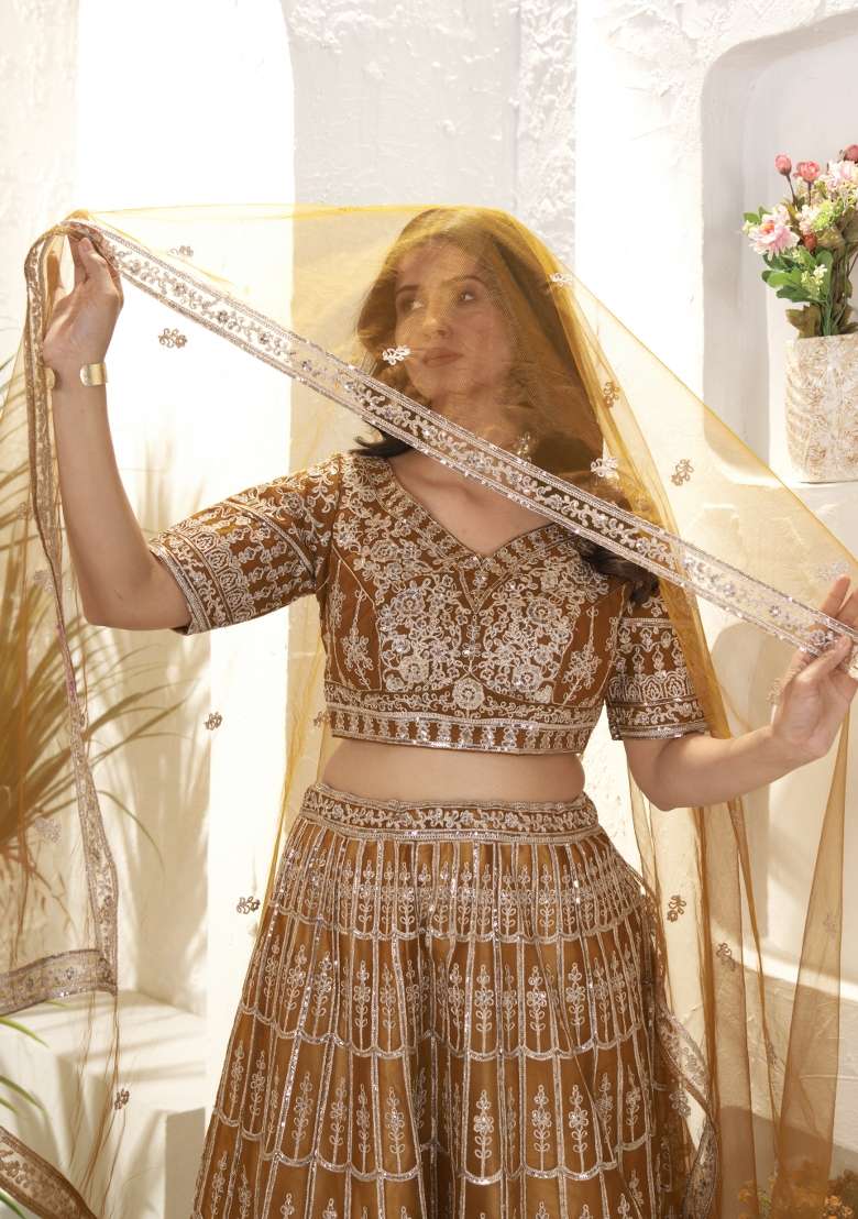 Light Coffee Net Lehenga Set with Embroidered for Diwali | Wedding & Festive Wear - Indya
