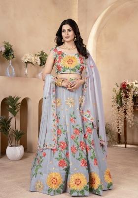 Grey Embroidered Georgette Lehenga Set