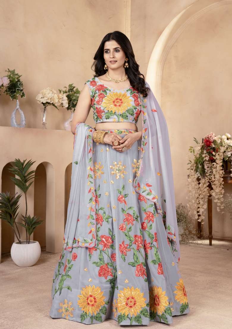 Grey Embroidered Georgette Lehenga Set for Diwali and Festive Wear - Indya