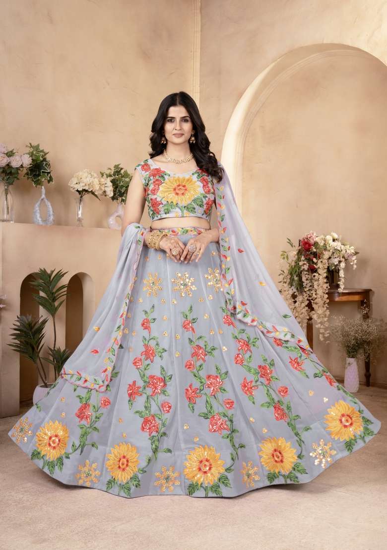 Grey Embroidered Georgette Lehenga Set for Diwali and Festive Wear - Indya