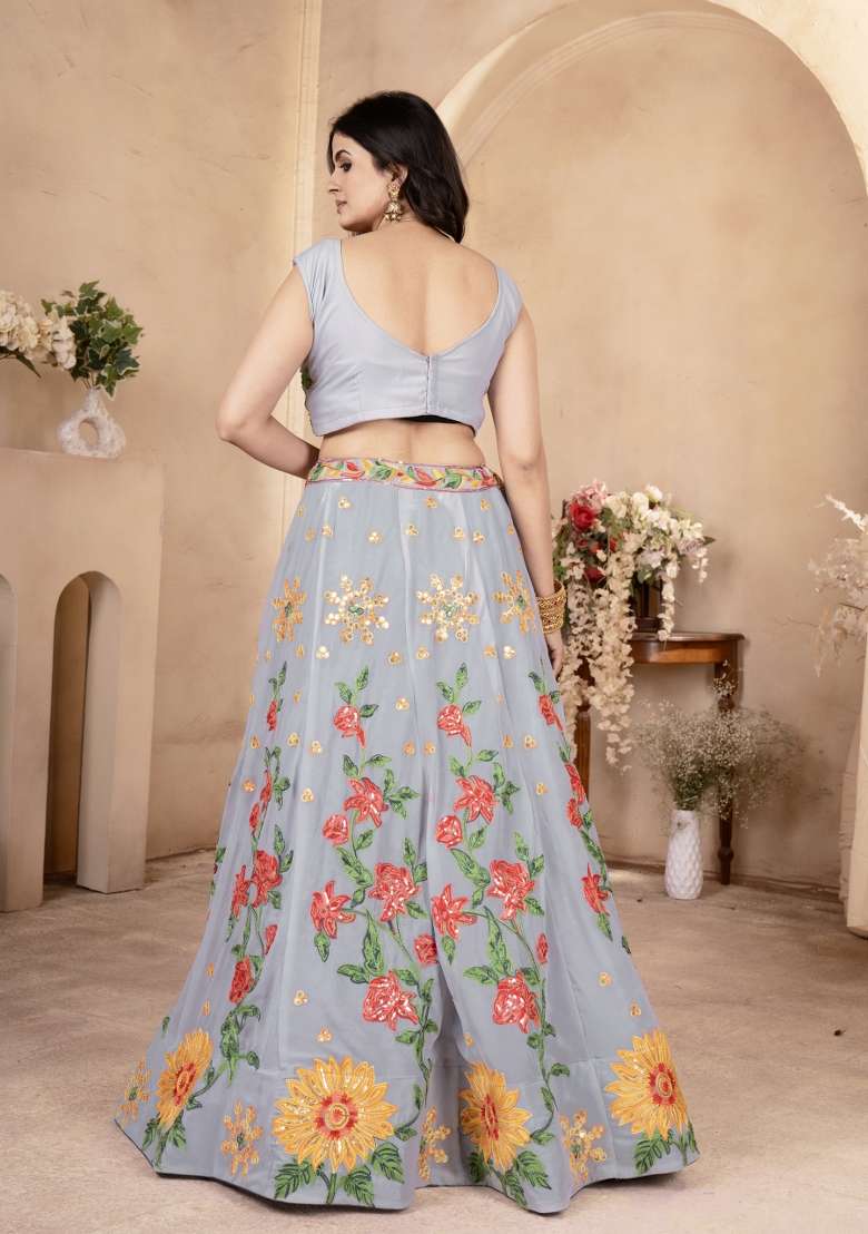 Grey Embroidered Georgette Lehenga Set for Diwali and Festive Wear - Indya