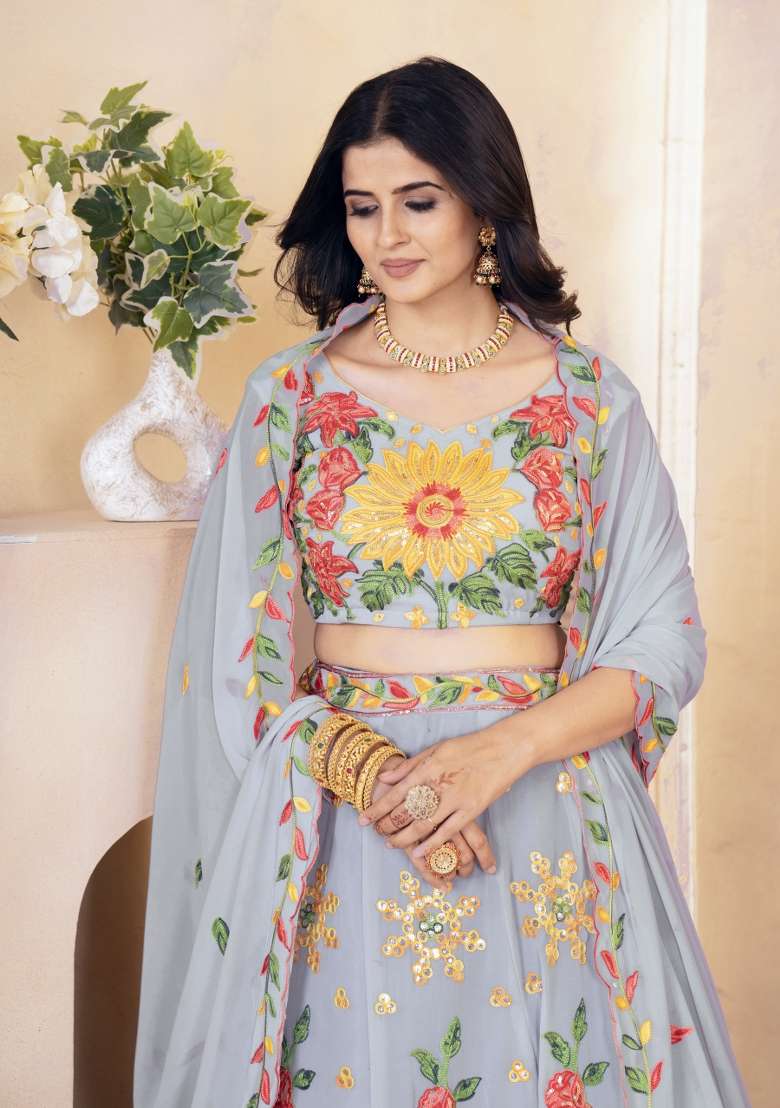 Grey Embroidered Georgette Lehenga Set for Diwali and Festive Wear - Indya