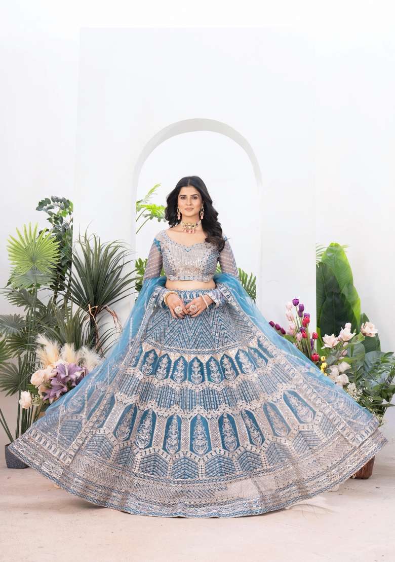 Sky Blue Net Lehenga Set with Embroidered for Diwali | Wedding & Festive Wear - Indya