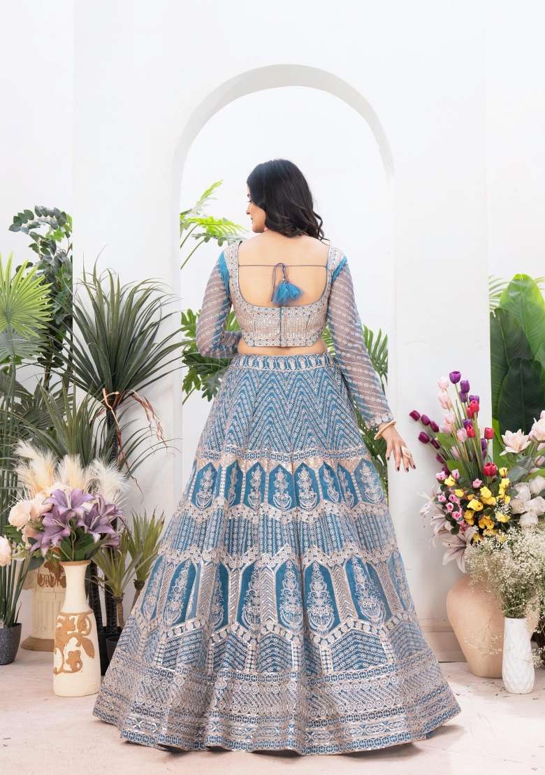Sky Blue Net Lehenga Set with Embroidered for Diwali | Wedding & Festive Wear - Indya