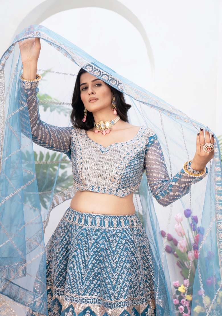 Sky Blue Net Lehenga Set with Embroidered for Diwali | Wedding & Festive Wear - Indya