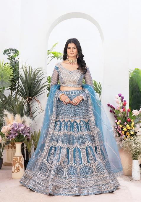 Sky Blue Embroidered Net Lehenga Set