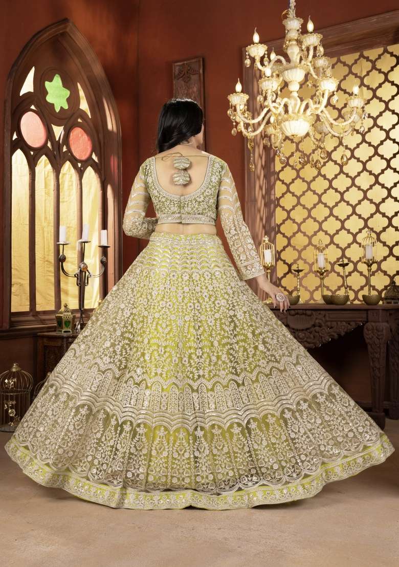 Mehendi Sequin Work Net Lehenga Set for Diwali and Festive Wear - Indya