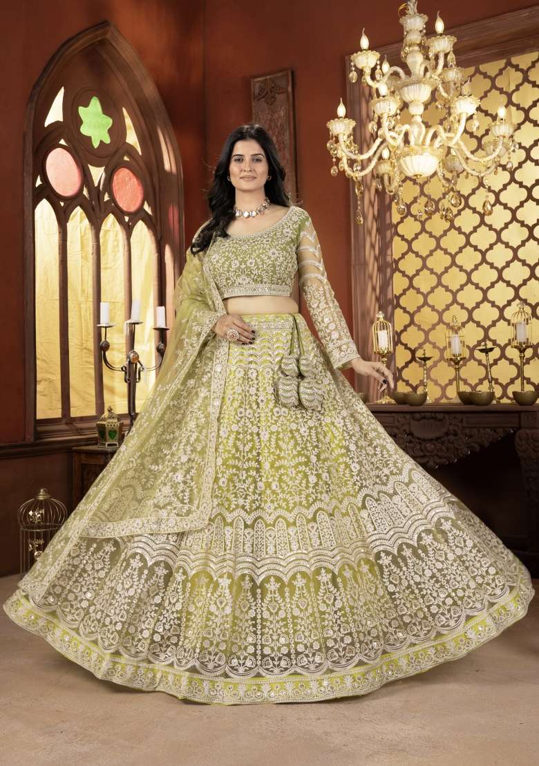 Mehendi Sequin Work Net Lehenga Set for Diwali and Festive Wear - Indya
