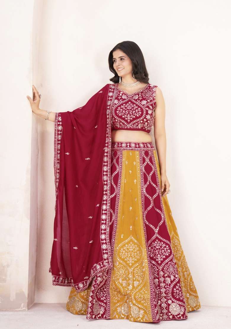 Red And Orange Silk Lehenga Set with Embroidered for Diwali | Wedding & Festive Wear - Indya