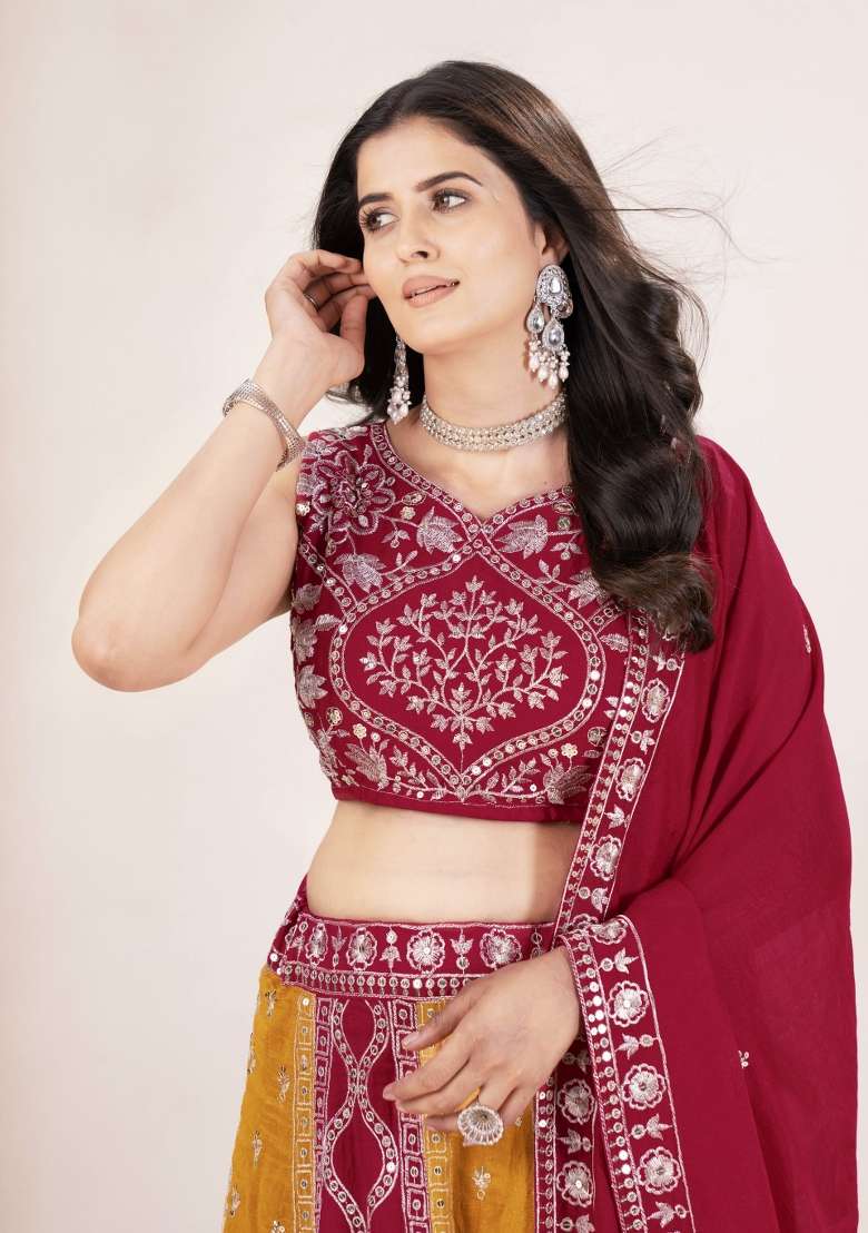 Red And Orange Silk Lehenga Set with Embroidered for Diwali | Wedding & Festive Wear - Indya